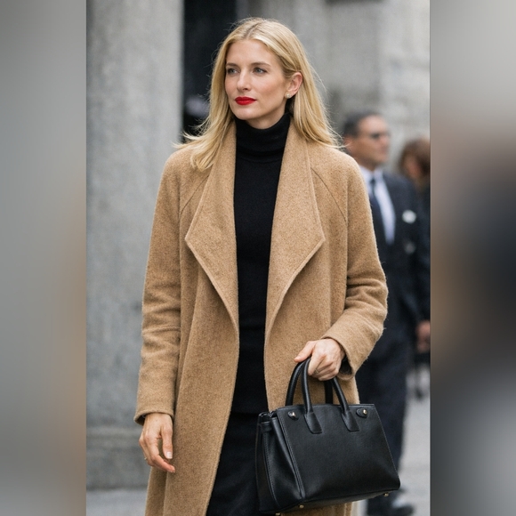 Tahari Jackets & Blazers - Tahari Camel Boiled Wool Open Coat | Draped Lapel Elegant Outerwear | Size M